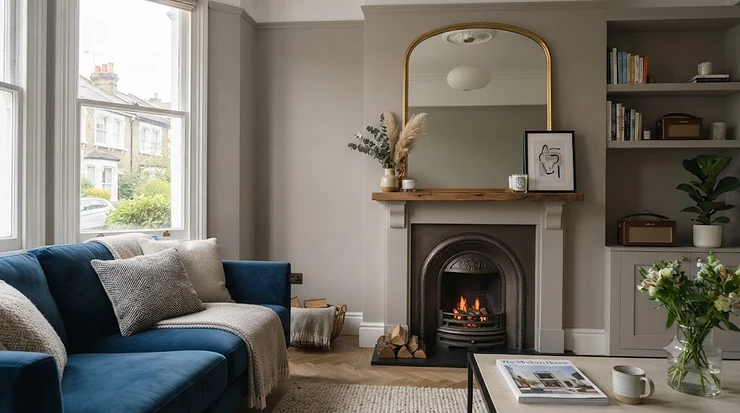Elegant gold-arched statement mirror under £150 styled in a modern living room. statement mirrors under £150