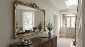 Ornate large gold-framed wall mirror reflecting light in a sophisticated dining area.