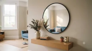 Large statement round mirror reflecting light in a bright, airy living room.