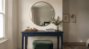 Large gold round wall mirror positioned above a dressing table in a contemporary bedroom interior.