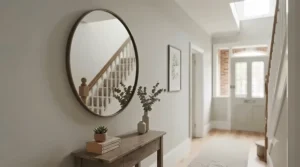 A stylish large round wall mirror brightening a narrow hallway in a Victorian terrace house.