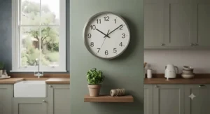 Large-faced silent kitchen clock mounted on a neutral-toned British kitchen wall.