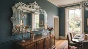 A grand, statement-piece Venetian-style mirror hanging in a dining room.