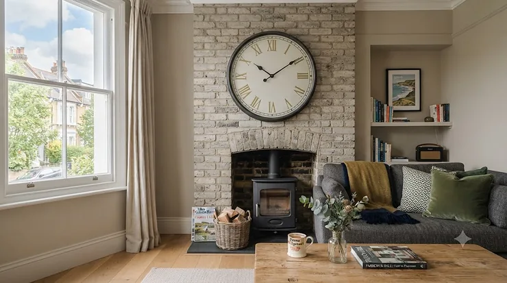 A statement large wall clock hanging above a grey fabric sofa in a modern British living room. large wall clocks