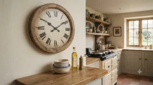 Handcrafted wooden large wall clock, bringing natural texture to a neutral home interior.
