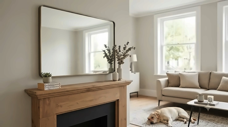 A statement large wall mirror hanging above a feature fireplace in a contemporary British living room. large wall mirrors