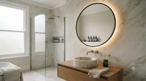 Contemporary round mirror with integrated LED lighting for a modern bathroom.