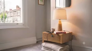 A symmetrical view of a matching pair of wooden bedside table lamps styling a master bedroom.
