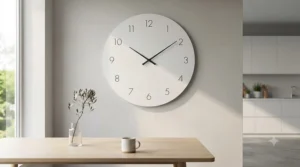 A mid-century modern wooden sunburst wall clock adding warmth to a hallway interior, available for under £80.