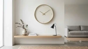 Sleek, minimalist large wall clock with a silent movement mechanism on a plain white wall.