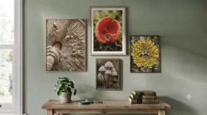 Minimalist line art botanical gallery wall set with black frames.