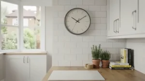 Minimalist silent wall clock mounted on a white tiled kitchen wall in a modern UK home.