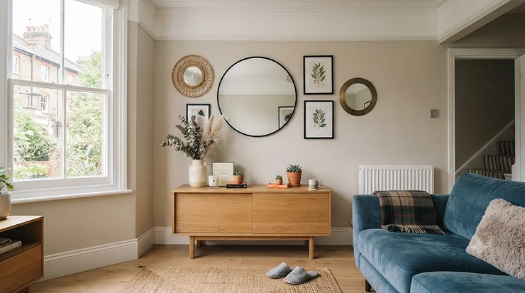 A selection of stylish round mirrors under £100 displayed on a contemporary living room wall. round mirrors under £100