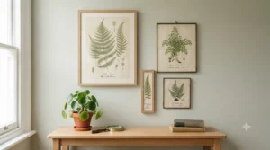 Monochrome botanical gallery wall set featuring pressed ferns.