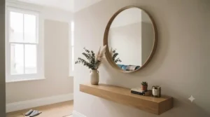 Elegant round mirror with a natural oak wood frame for a minimalist interior.