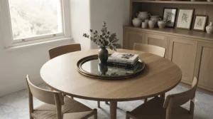 An oversized round mirror creating an illusion of space in a narrow London flat hallway.