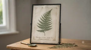 Sophisticated pressed fern leaf print in a dark oak frame for a classic British study.