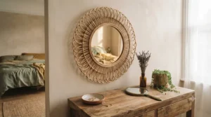 Natural woven rattan round mirror adding a boho aesthetic to a bedroom wall.