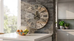 A vibrant retro-inspired wall clock bringing a pop of colour to a neutral British kitchen interior.