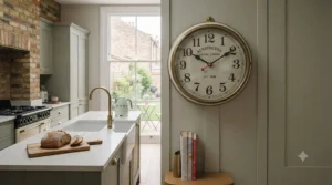 A retro-inspired vintage wall clock mounted above a kitchen counter, featuring bold numerals and a classic pastel casing.