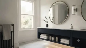 Functional round bathroom mirror with integrated shelf, ideal for compact UK en-suite layouts.
