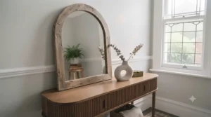 Rustic-style arched mirror with a distressed oak frame hanging on a light grey wall above a console table.