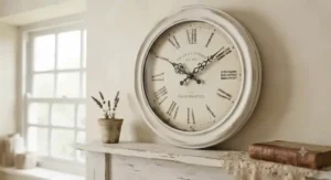 A distressed white shabby chic wall clock featuring faded roman numerals, ideal for a rustic country cottage kitchen.