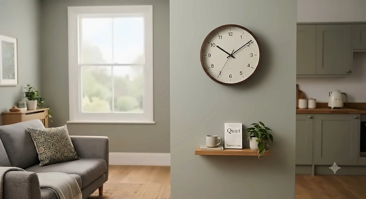 Stylish silent wall clock hanging in a modern British living room, available for under £40. silent clocks under £40