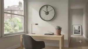 Non-ticking silent wall clock in a dedicated home office setup for a quiet workspace.