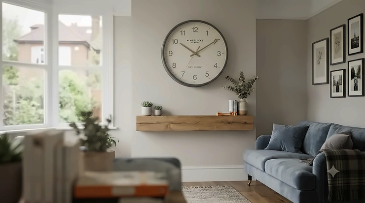 Modern silent wall clock hanging in a contemporary British living room, featuring a ticking-free sweep movement. silent wall clocks