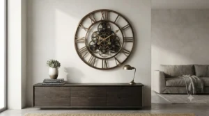 Decorative skeleton-style large wall clock showcasing intricate gear details and bronze tones.