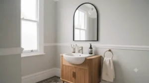 Small, elegant arched mirror mounted above a ceramic basin and reeded wooden vanity unit in a sophisticated WC.