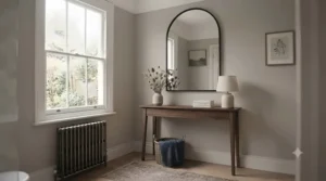 Decorative small arched mirror styled above a narrow console table.