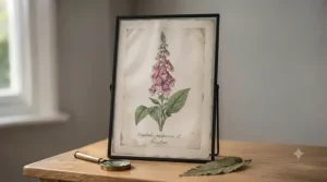 A set of three small botanical prints arranged in a trio above a mantelpiece.