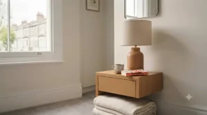 A compact, space-saving bedside table lamp designed for narrow nightstands in a small bedroom.
