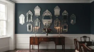 A curated collection of small, ornate Venetian mirrors arranged as a feature wall in a dining room.