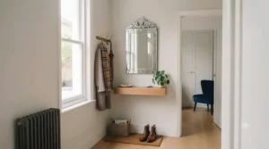 A compact, affordable Venetian-style mirror adding depth and brightness to a small hallway.