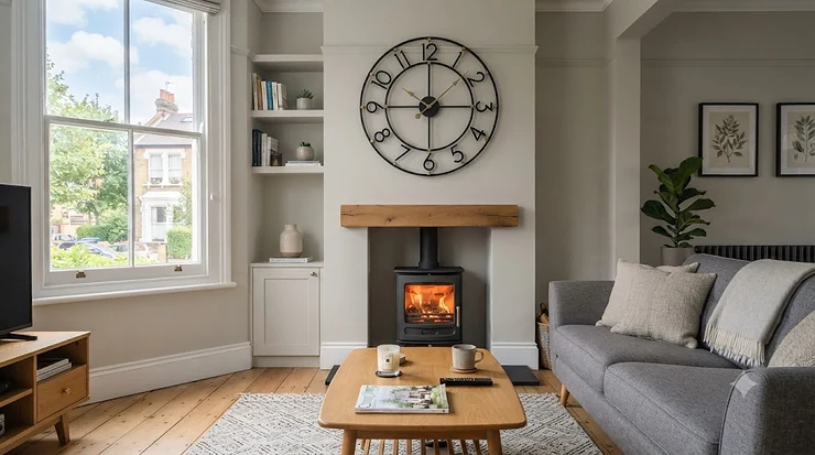 A stylish oversized statement clock mounted on a modern living room wall, part of a curated collection of affordable statement clocks under £80. statement clocks under £80