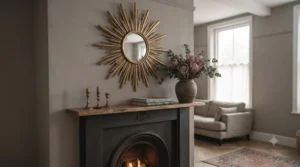 Striking sunburst design feature mirror acting as a focal point above a mantel.