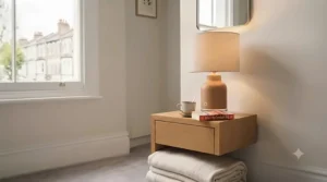 A close-up of a ceramic bedside table lamp featuring modern touch-control technology for dimming.