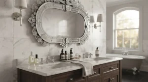 A moisture-resistant Venetian wall mirror installed above a bathroom vanity for a luxurious finish.