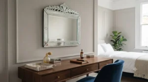 An ornate, hand-crafted Venetian wall mirror reflecting soft light in a stylish master bedroom.
