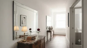 A large, decorative Venetian mirror placed in a narrow hallway to enhance natural light and space.