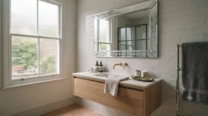 A moisture-resistant, affordable Venetian-style mirror providing a touch of glamour to a bathroom.