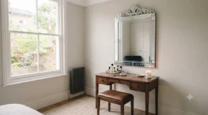 A beautiful Venetian-style mirror positioned above a dressing table in a stylish bedroom.