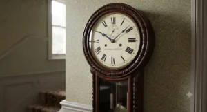 A dark polished wood vintage wall clock with intricate brass detailing, styled inside a traditional period hallway.