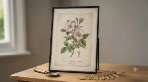 Detailed antique botanical art print of a wild rose on aged parchment paper.