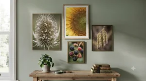 Trio of vintage-style botanical prints in light oak frames.