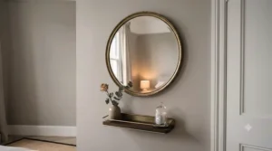 Vintage-style brass frame accent mirror adding character to a bedroom wall.