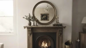 Ornate vintage-style brass round mirror adding a touch of period elegance to a fireplace mantelpiece.